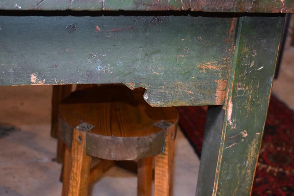 Rustic Antique Heart Pine Table w/ Old Green Paint Legs, Age Distressed Top, Simple Scroll Apron