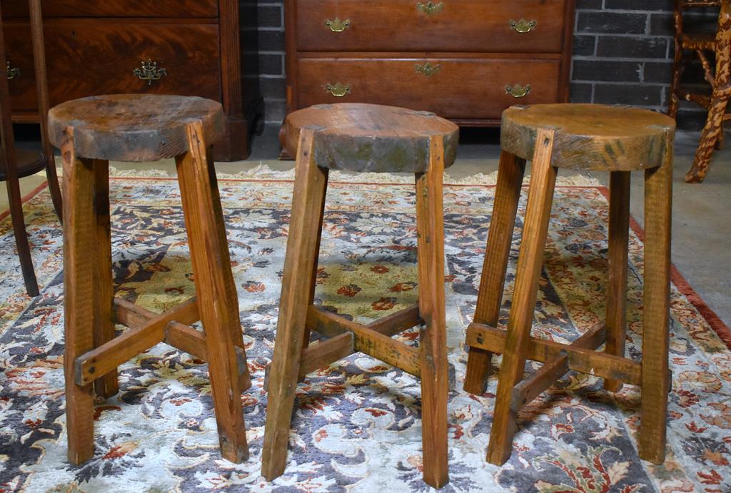 Set of 3 Antique Heart Pine Hand Made Stools