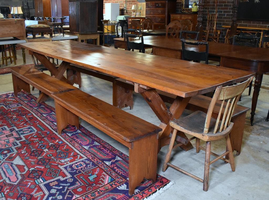 Antique 20th C. South Carolina Heart Pine Trestle Farm Table