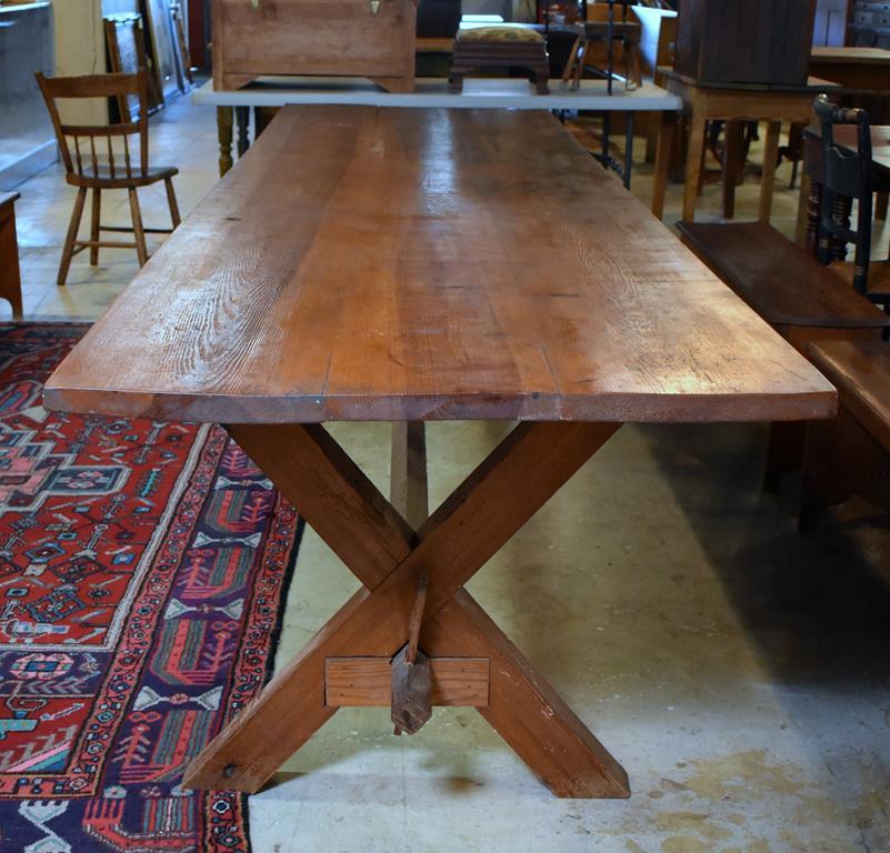 Antique 20th C. South Carolina Heart Pine Trestle Farm Table