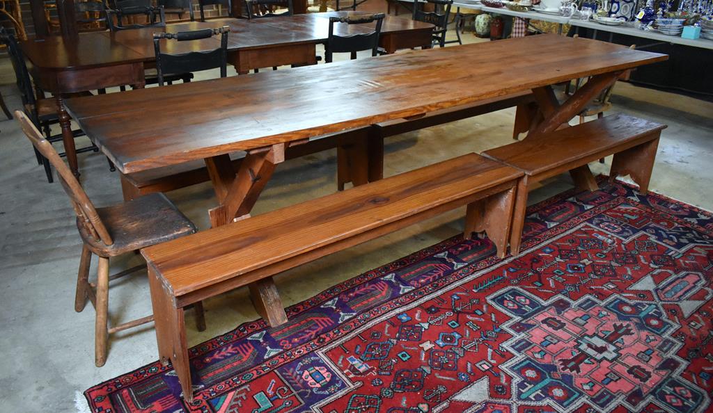 Set of 4 Antique 20th C. South Carolina Heart Pine Dining Benches