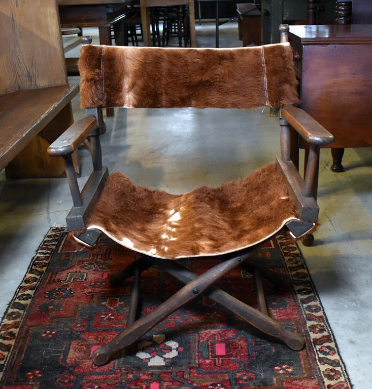 Early 20th C. Cowhide Upholstered Safari Chair by Gold Medal Folding Furniture, Racine, WI