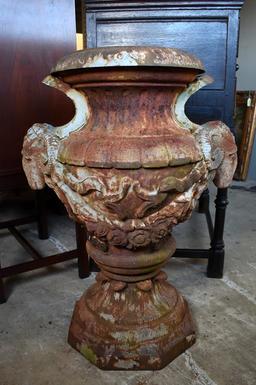 Antique 19th C. Ram's Head Cast Iron Garden Urn