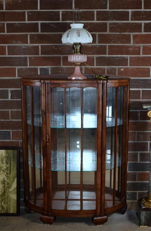 Vintage Bowfront Glass Shelved Curio Cabinet, Mirrored Back