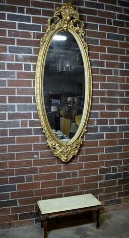 Antique Oval Gilded Wood Pier Mirror & Marble Top Low Bench