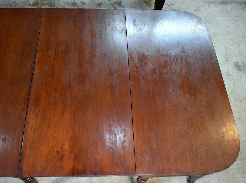Figured Hand Planed Walnut Federal Sheraton Period Ca. 1810 “D” Dining Table, Brass Caster Feet