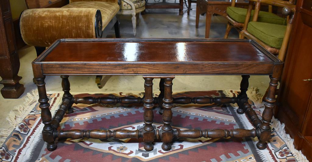 Handsome Vintage Baker Furniture Oak Coffee Table with Embossed Leather Top