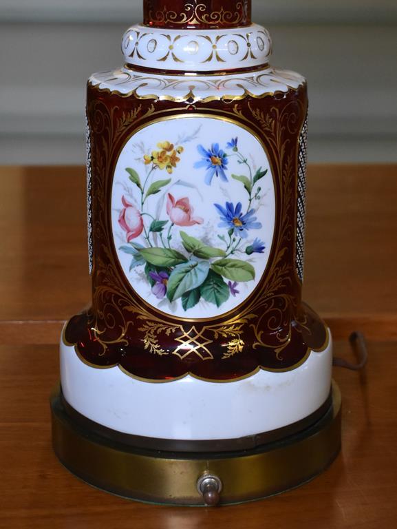 Exquisite Vintage Enameled, Gilded & Hand Painted Cranberry Glass Table Lamp