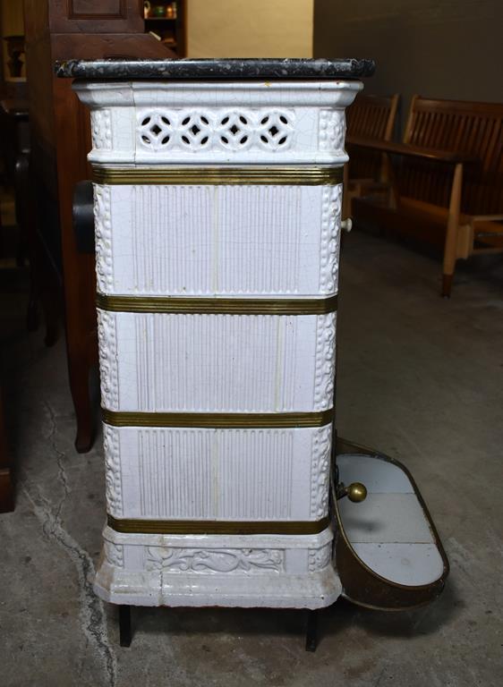 Antique White Ceramic Continental European Wood/Coal Stove, Black Marble Top,  Brass Trim