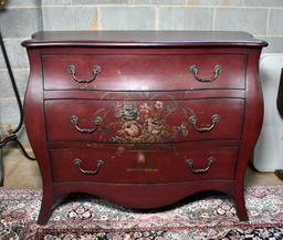Beautiful Dark Red Bombe Chest with Painted Floral Decoration