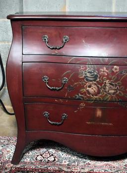 Beautiful Dark Red Bombe Chest with Painted Floral Decoration