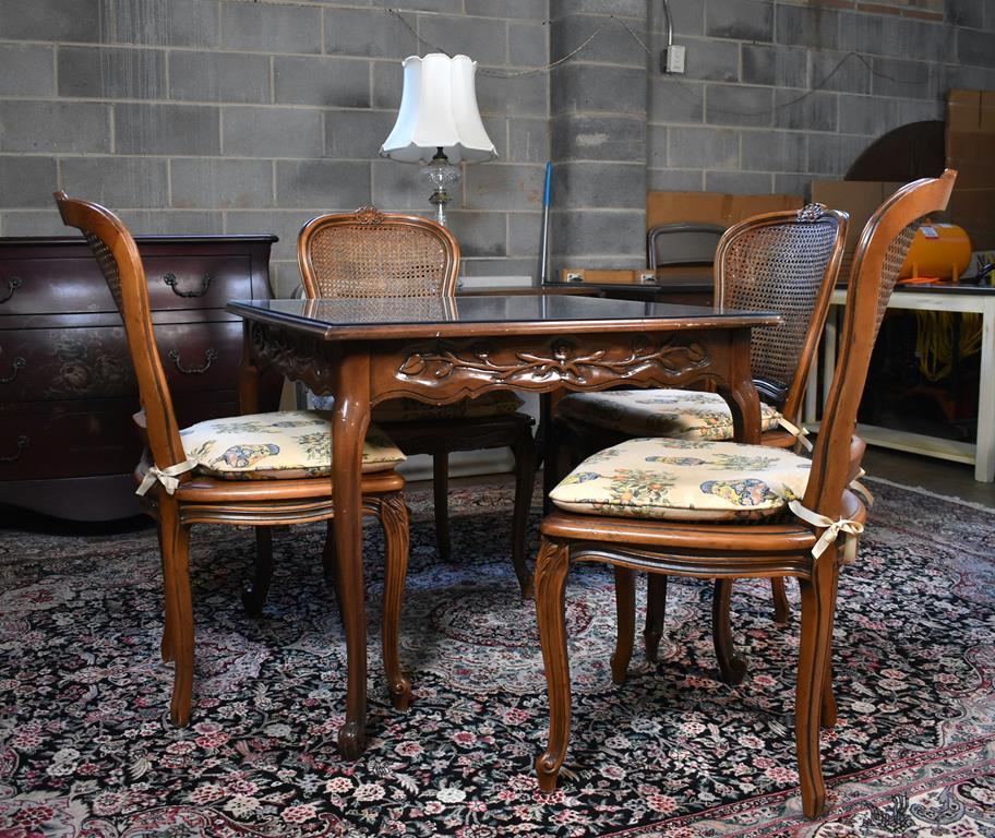 Finely Carved Walnut Game Table with Protective Glass Top Cover, Cabriole Legs, Rose Carved Skirts