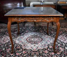 Finely Carved Walnut Game Table with Protective Glass Top Cover, Cabriole Legs, Rose Carved Skirts