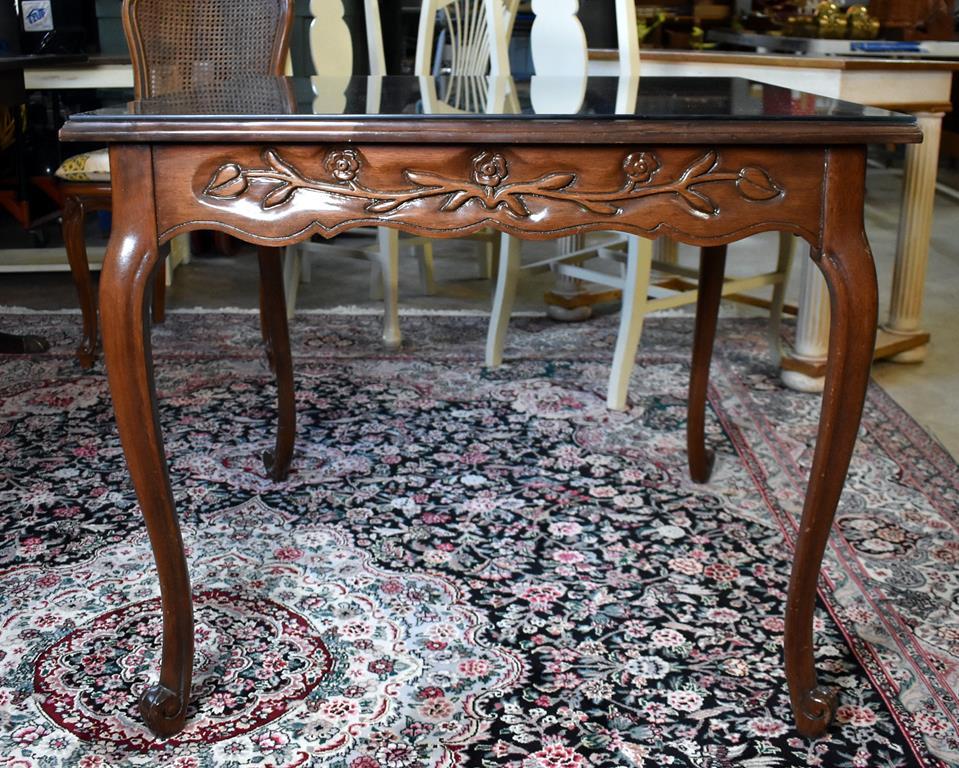 Finely Carved Walnut Game Table with Protective Glass Top Cover, Cabriole Legs, Rose Carved Skirts
