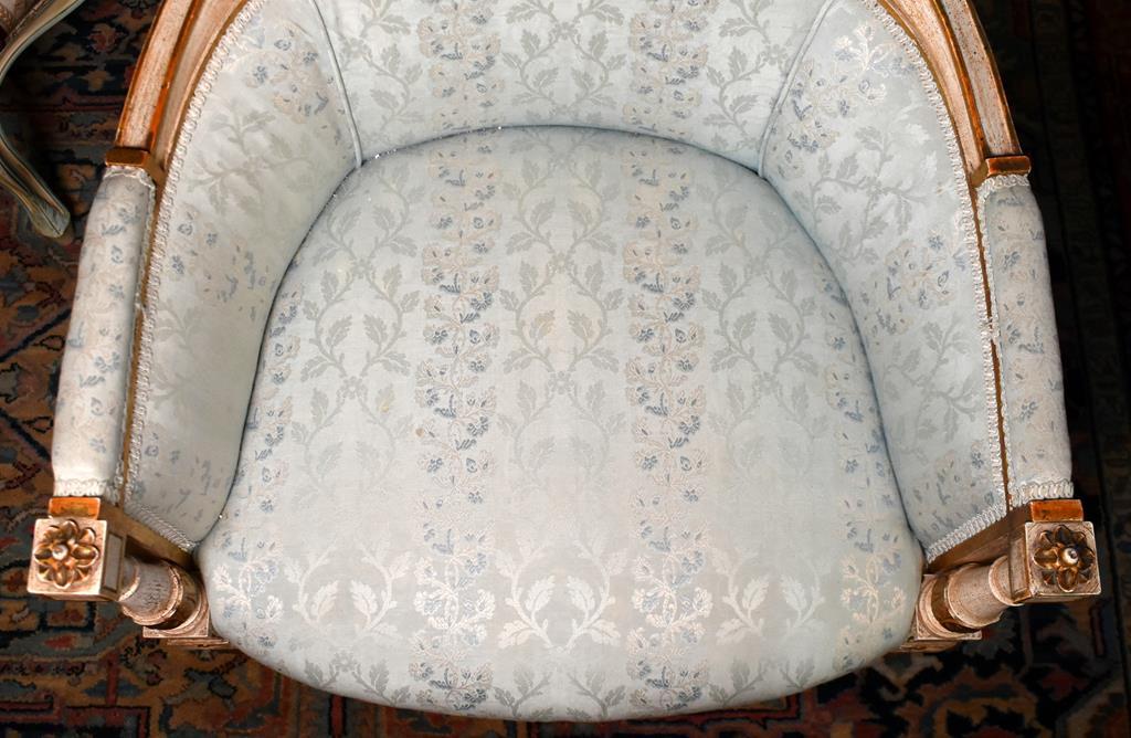 Elegant Light Finish with Blue Satin Upholstery Armchair (Lots 5 & 6 Match)