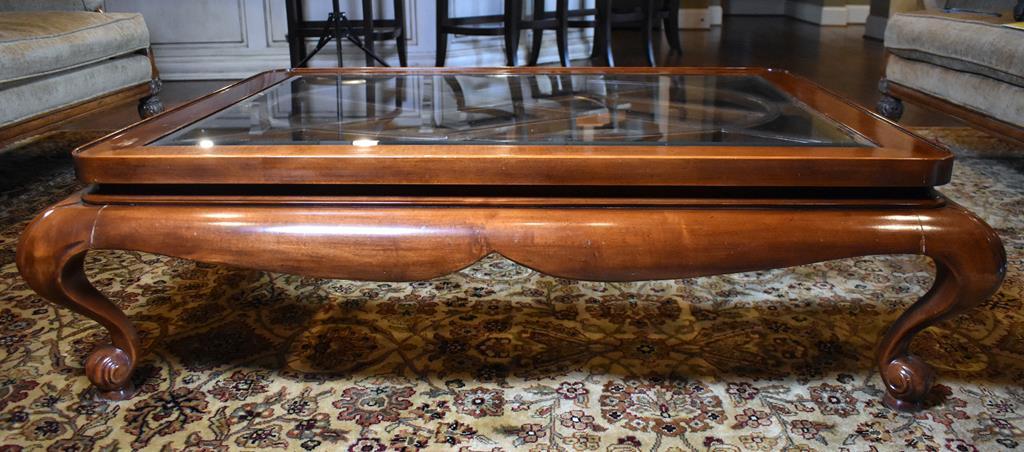 Fine Glass Top Over Wooden Grillwork Coffee Table, Cabriole Legs