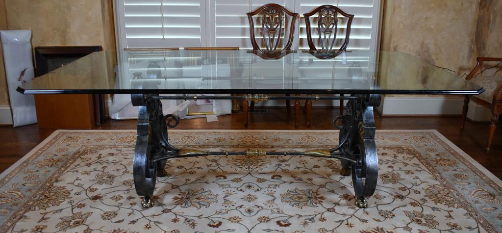 Stunning Contemporary Glass Top on Metal Base Dining Table; Brass Trim Paw Feet, Shell Side Sconces