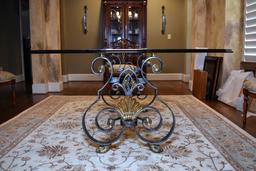 Stunning Contemporary Glass Top on Metal Base Dining Table; Brass Trim Paw Feet, Shell Side Sconces