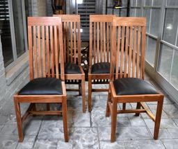 Set of Four Mission Style Teakwood Dining Chairs with Bonded Leather Seats