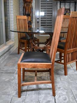 Set of Four Mission Style Teakwood Dining Chairs with Bonded Leather Seats