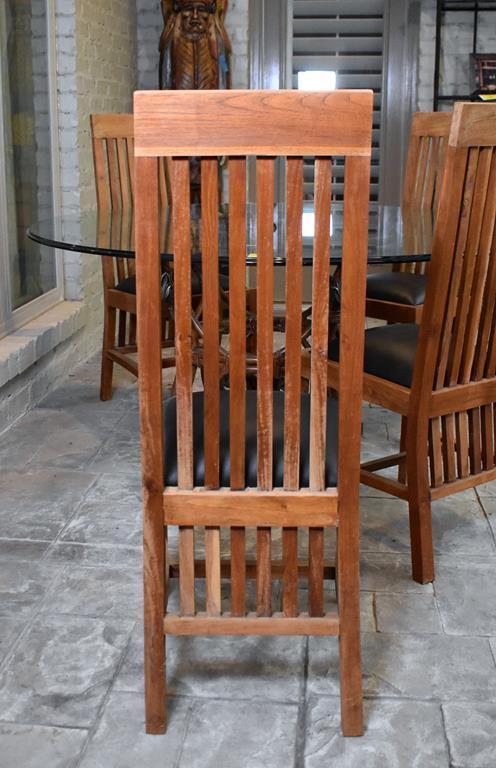 Set of Four Mission Style Teakwood Dining Chairs with Bonded Leather Seats