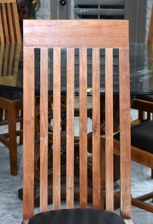 Set of Four Mission Style Teakwood Dining Chairs with Bonded Leather Seats