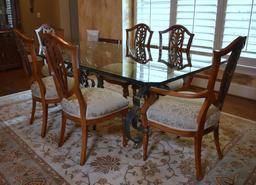 Set of Six Shield Back with Gilt Trim Mahogany Dining Chairs, Neutral Damask Upholstered Seats