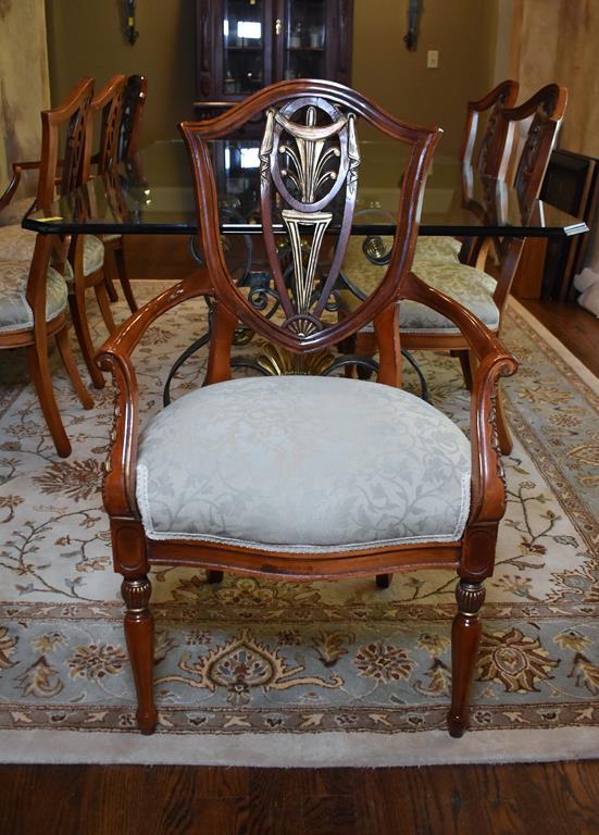 Set of Six Shield Back with Gilt Trim Mahogany Dining Chairs, Neutral Damask Upholstered Seats