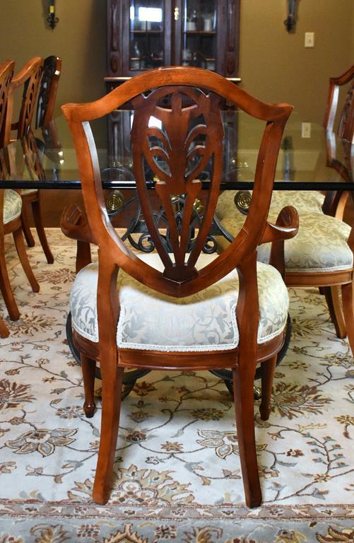 Set of Six Shield Back with Gilt Trim Mahogany Dining Chairs, Neutral Damask Upholstered Seats