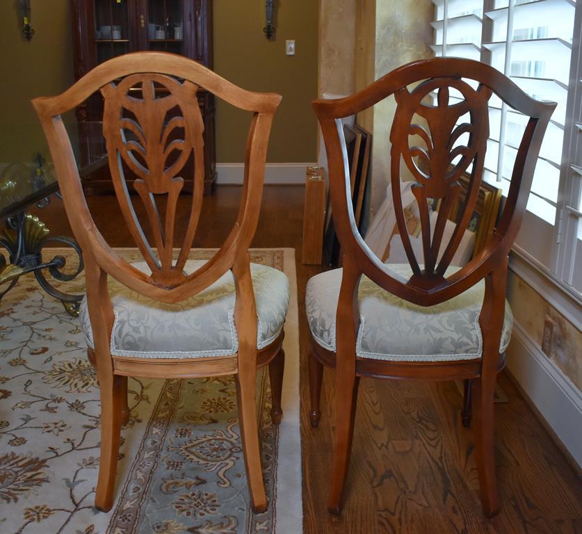 Set of Six Shield Back with Gilt Trim Mahogany Dining Chairs, Neutral Damask Upholstered Seats