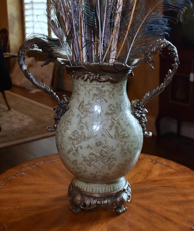 Sage & Gilt Brass Two-Handled Vase with Reeds & Peacock Quills