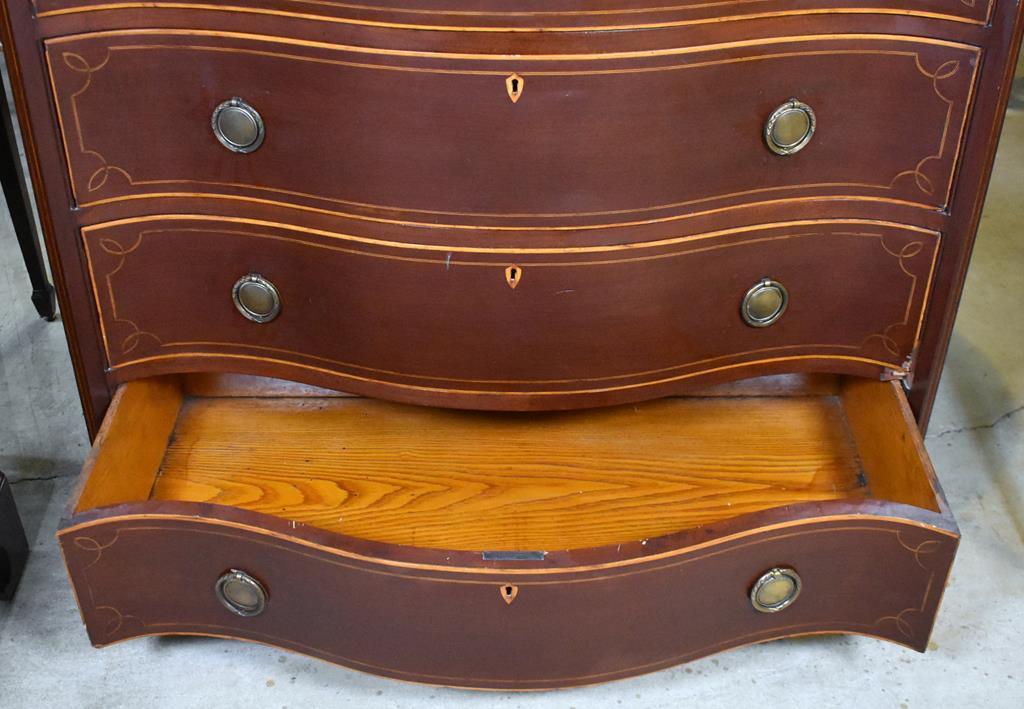 19th C. Hepplewhite Satinwood Inlaid Mahogany Recurve Tall Chest, Six Drawers