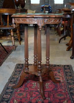 Antique Eastlake Style Reeded Column Side Table w/ Glass Cover