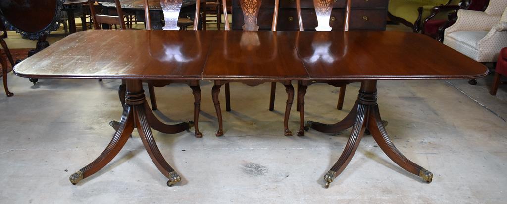 Antique Duncan Phyfe Style Mahogany Dining Table, Brass Caster Paw Feet, Attributed to Kittinger