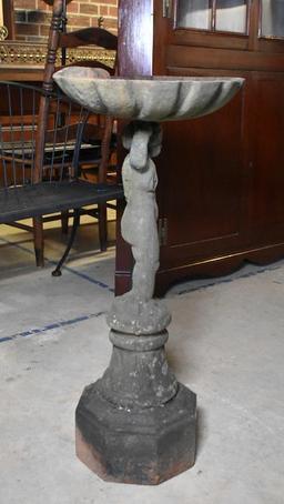 Antique Cast Iron Garden Ornament Birdbath, Cherub Bearing Shell