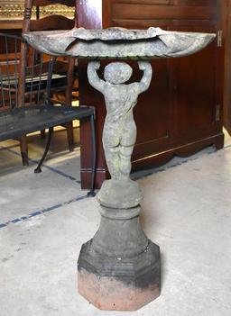 Antique Cast Iron Garden Ornament Birdbath, Cherub Bearing Shell