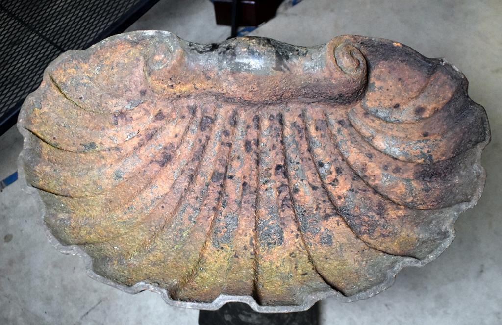 Antique Cast Iron Garden Ornament Birdbath, Cherub Bearing Shell