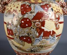 Antique 16” H Japanese Meiji Period Satsuma Moriage Lidded Jar, Foo Lion / Dog Handles & Finial