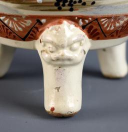 Antique 16” H Japanese Meiji Period Satsuma Moriage Lidded Jar, Foo Lion / Dog Handles & Finial