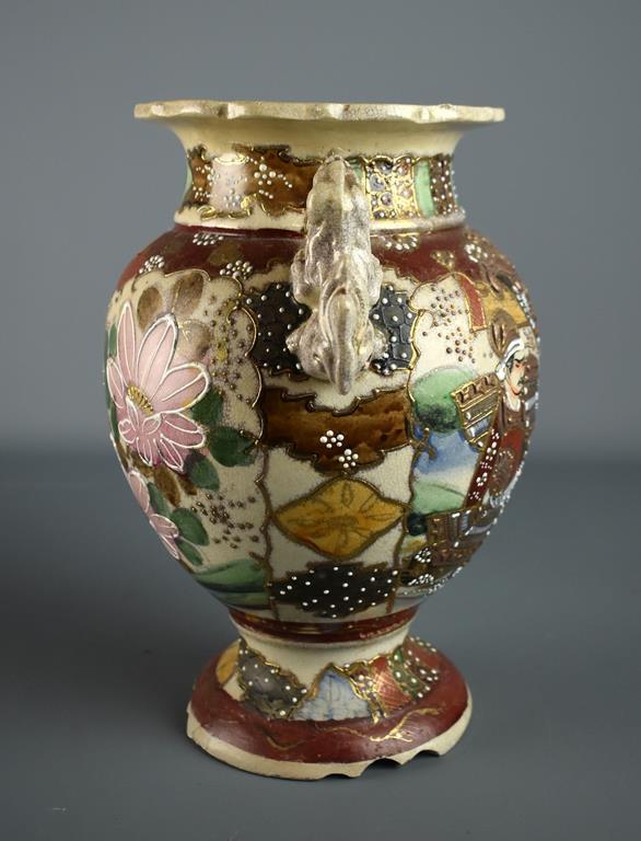Antique 14” H Japanese Meiji Period Satsuma Moriage Lidded Jar, Foo Lion / Dog Handles & Finial