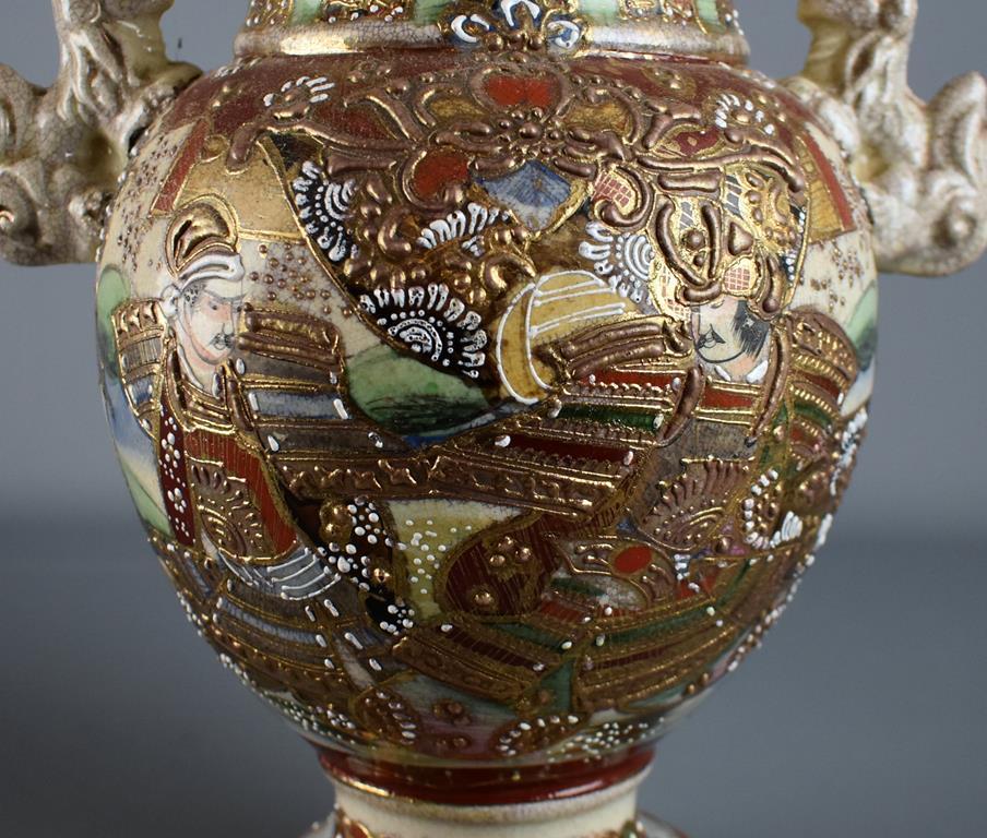 Antique 14” H Japanese Meiji Period Satsuma Moriage Lidded Jar, Foo Lion / Dog Handles & Finial