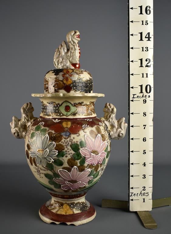 Antique 14” H Japanese Meiji Period Satsuma Moriage Lidded Jar, Foo Lion / Dog Handles & Finial