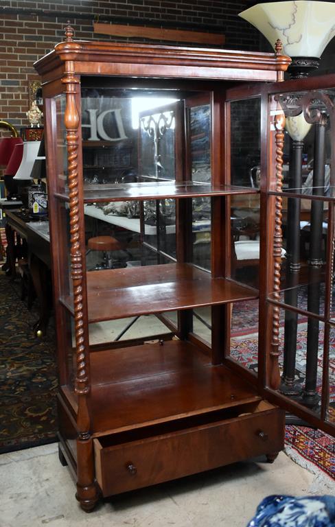 Fine Antique Hand Made Walnut Curio Cabinet with Barley Twist Columns