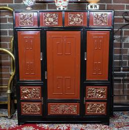 Elegant Black & Red Lacquer Chinoiserie Armoire