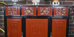 Elegant Black & Red Lacquer Chinoiserie Armoire