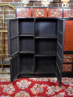 Elegant Black & Red Lacquer Chinoiserie Armoire