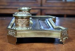 Black Marble & Brass Double Inkwell Inkstand