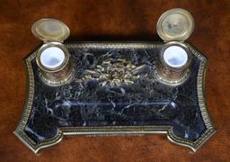 Black Marble & Brass Double Inkwell Inkstand
