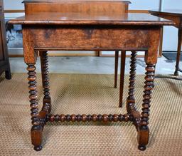 Unusual 19th C. Burl Oak Side Table, Turned Legs & Stretchers