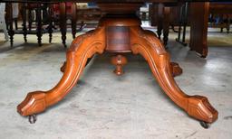 Exquisite Late 19th C. Inlaid Burl Walnut Oval Coffee Table with Acanthus Carved Knees, Caster Feet